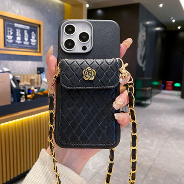 Texture Wallet With Golden Chain Silicon Phone Cases For iPhone