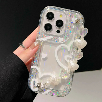 Glitter Heart With Heart Chain Silicon Phone Cases For iPhone