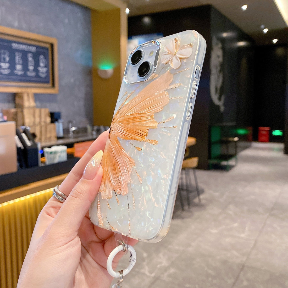 Orange Butterfly With Steel Camera Protection With Bracelet For iPhone