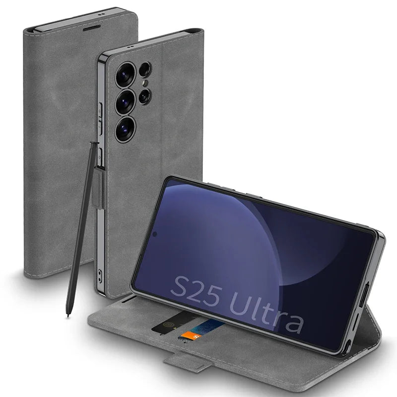 Luxury Magnetic Plating Frosted Leather Flip Wallet Case with Stand for Samsung Galaxy
